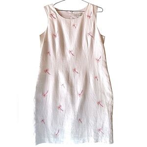 100% Linen White with Pink Embroidered Palm Trees Midi Tank Dress Real Comfort